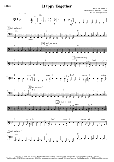 Happy Together E Bass Transcription Of The Turtles Recording Sheet Music