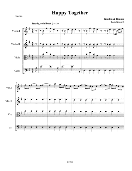 Happy Together For String Quartet Intermediate Advanced Sheet Music