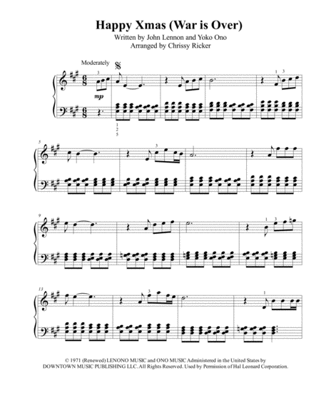 Happy Xmas War Is Over Intermediate Piano Sheet Music