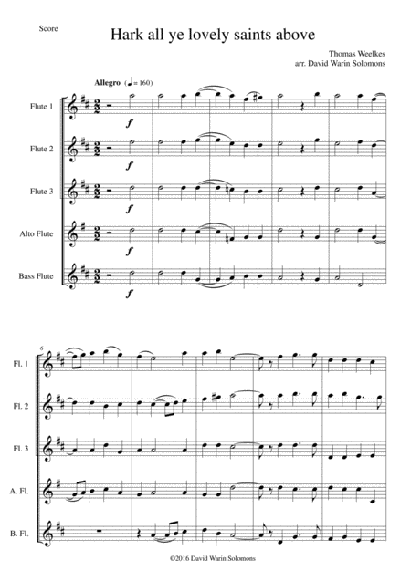 Hark All Ye Lovely Saints Above For Flute Quintet Sheet Music