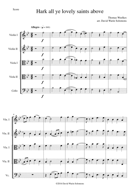 Free Sheet Music Hark All Ye Lovely Saints Above For String Quintet