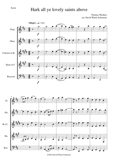 Free Sheet Music Hark All Ye Lovely Saints Above For Wind Quintet