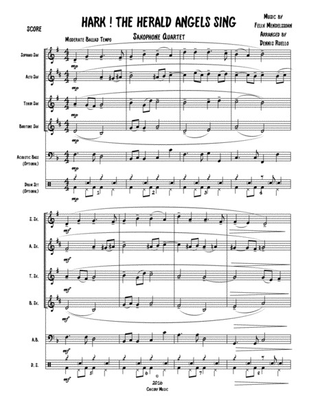 Hark The Herald Angels Sing Sax Quartet Satb Aatb W Optional Acoustic Bass And Drum Set Parts Sheet Music