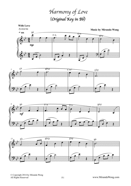 Harmony Of Love In Bb Key Romantic Piano Solo Sheet Music