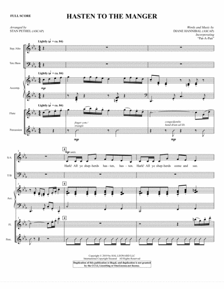 Free Sheet Music Hasten To The Manger With Pat A Pan Arr Stan Pethel Full Score