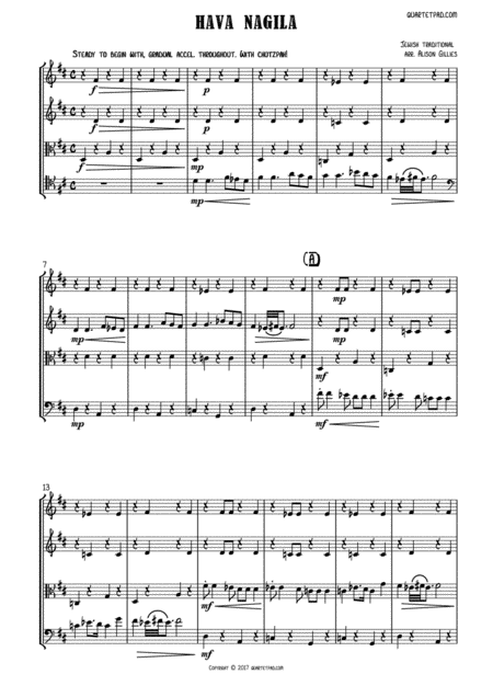 Hava Nagila String Quartet Sheet Music