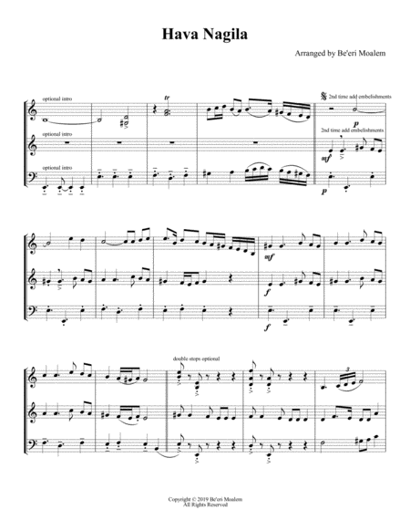 Free Sheet Music Havah Nagilah Jewish Song For String Trio Two Violins And Cello