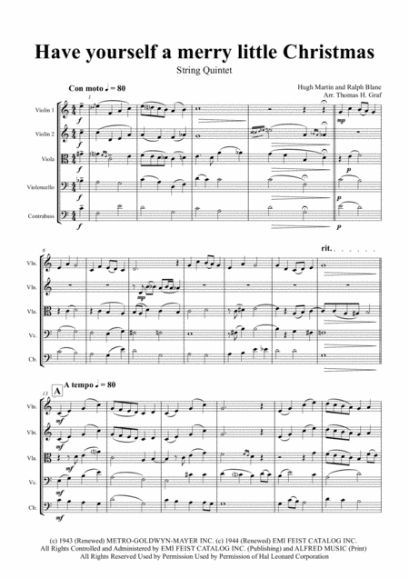 Have Yourself A Merry Little Christmas From Meet Me In St Louis String Quintet Sheet Music