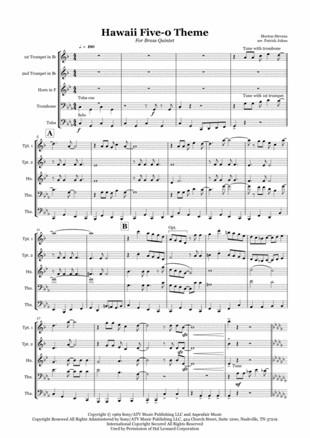 Hawaii Five O Theme Brass Quintet Sheet Music