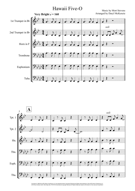 Hawaii Five O Theme For Junior Brass Ensemble Sheet Music