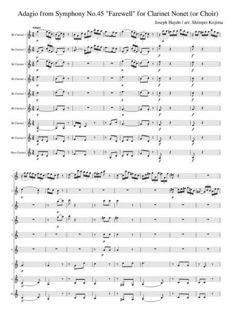 Free Sheet Music Haydn Adagio From Symphony No 45 Farewell For Clarinet Nonet Or Clarinet Choir
