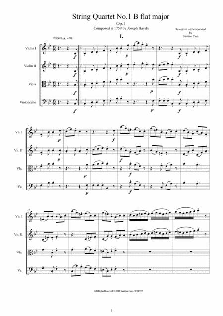 Haydn String Quartet No 1 In B Flat Major Op 1 Complete Score And Parts Sheet Music