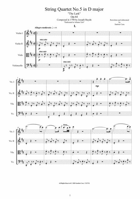 Haydn String Quartet No 5 In D Major Op 64 The Lark Complete Score And Parts Sheet Music