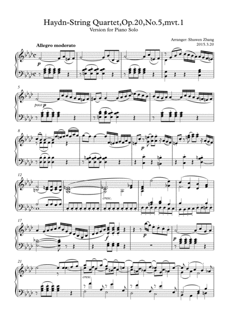 Free Sheet Music Haydn String Quartet Op 20 No 5 Mvt 1 For Solo Piano