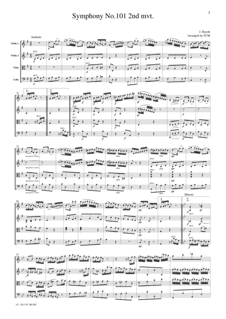 Haydn Symphony No 101 2nd Mvt For String Quartet Ch003 Sheet Music