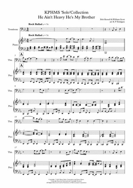 Free Sheet Music He Aint Heavy Hes My Brother Solo For Trombone With Piano Accompaniment Bass Clef Version