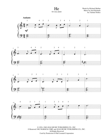 He For Easy Piano Sheet Music