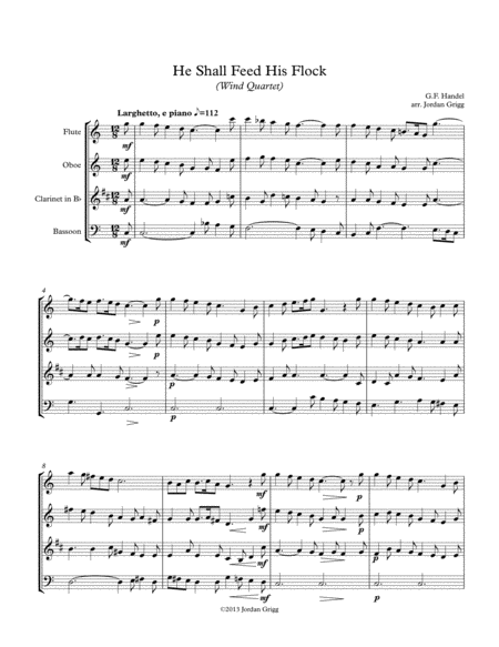 Free Sheet Music He Shall Feed His Flock Wind Quartet