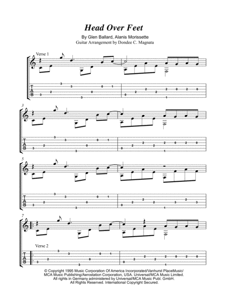 Head Over Feet Easy Fingerstyle Guitar Arrangement Sheet Music