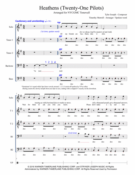 Heathens Ttbbt Solo With Spoken Word As Performed By Tonewall Queer A Cappella Sheet Music