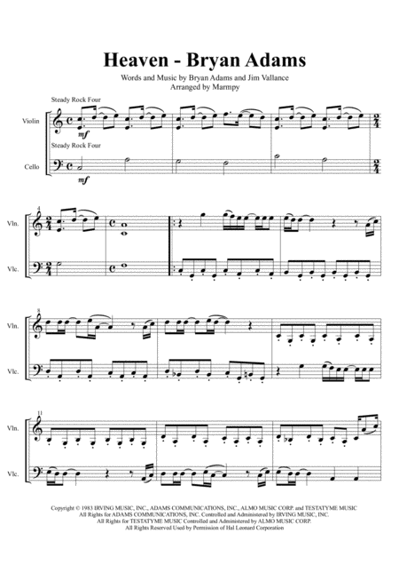 Heaven Bryan Adams Arranged For String Duet Sheet Music