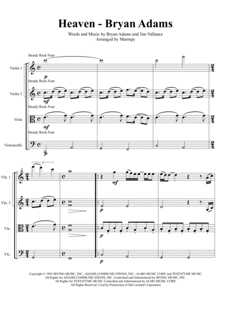 Heaven Bryan Adams Arranged For String Quartet Sheet Music