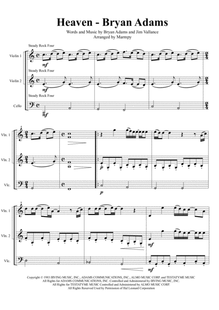 Free Sheet Music Heaven Bryan Adams Arranged For String Trio