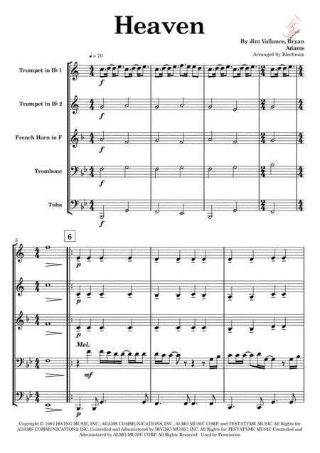 Heaven Bryan Adams For Brassquintet Sheet Music