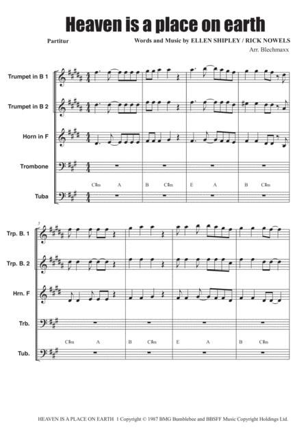 Heaven Is A Place On Earth For Brassquintet Sheet Music