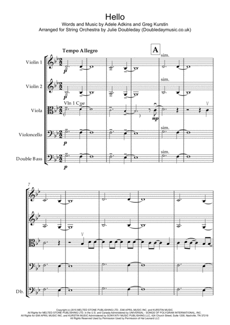 Hello By Adele For String Orchestra Score And Parts Sheet Music