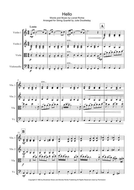 Free Sheet Music Hello By Lionel Richie For String Quartet Score And Parts