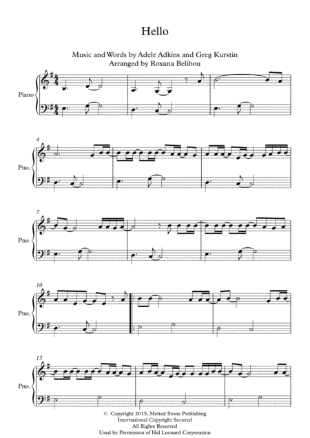 Hello E Minor By Adele Easy Piano Sheet Music