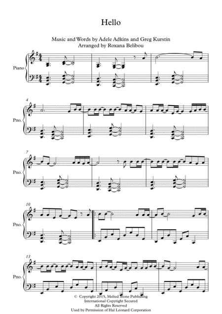 Free Sheet Music Hello E Minor By Adele Piano