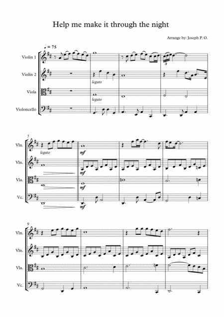 Help Me Make It Through The Night String Quartet Sheet Music