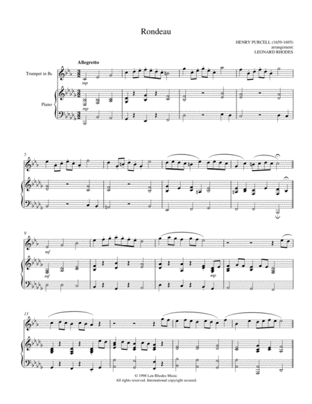 Free Sheet Music Henry Purcell Rondeau For Trumpet And Piano
