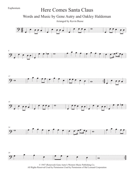 Here Comes Santa Claus Easy Key Of C Euphonium Sheet Music