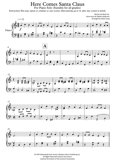 Free Sheet Music Here Comes Santa Claus For Piano Solo Suitable For All Grades