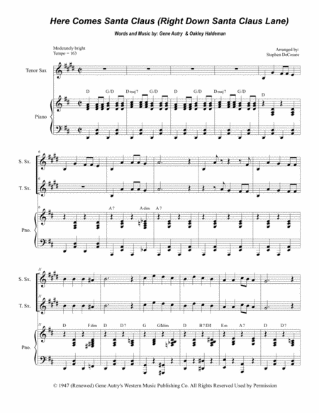 Here Comes Santa Claus Right Down Santa Claus Lane Duet For Soprano And Tenor Saxophone Sheet Music