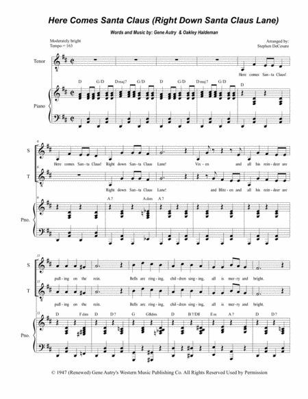 Here Comes Santa Claus Right Down Santa Claus Lane Duet For Soprano And Tenor Solo Sheet Music