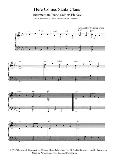 Here Comes Santa Claus Right Down Santa Claus Lane Easy Intermediate Piano Solo In Eb With Chords Sheet Music