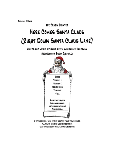 Here Comes Santa Claus Right Down Santa Claus Lane For Brass Quintet Sheet Music