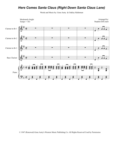 Free Sheet Music Here Comes Santa Claus Right Down Santa Claus Lane For Clarinet Choir And Piano