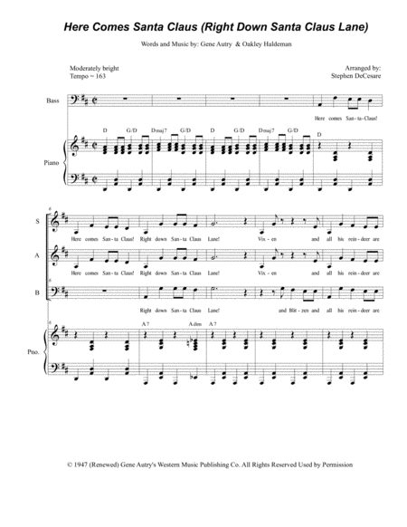 Free Sheet Music Here Comes Santa Claus Right Down Santa Claus Lane For Vocal Trio Sab