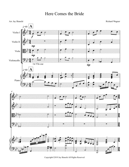 Here Comes The Bride Bridal Chorus For String Quartet And Piano Sheet Music