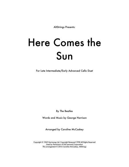 Here Comes The Sun Cello Duet Sheet Music