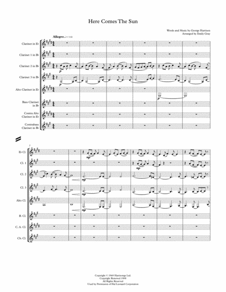 Here Comes The Sun Clarinet Choir Sheet Music