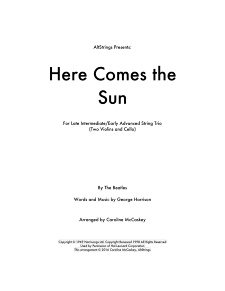 Here Comes The Sun String Trio Two Violins And Cello Sheet Music