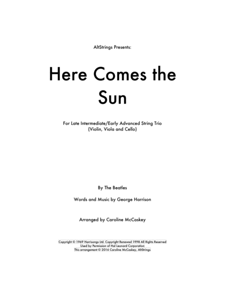 Here Comes The Sun String Trio Violin Viola And Cello Sheet Music