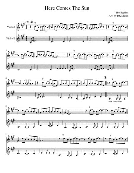 Here Comes The Sun Violin Duet 2 Violins Sheet Music