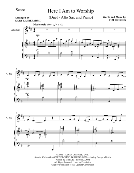 Free Sheet Music Here I Am To Worship Duet Alto Sax And Piano Score And Parts